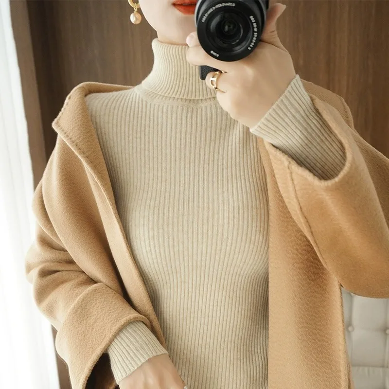 

Осень-зима, утепленный женский вязаный свитер с высоким воротником, короткая базовая рубашка, одинаковое пальто премиум-класса, элегантный внутренний трикотаж