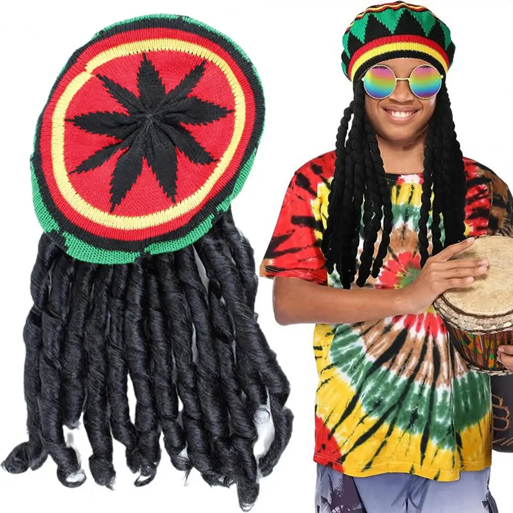 Reggae Hat with Black Dreadlocks Comfortable Braid Hat Wig Ethnic Style Reggae Beret Woolen Knitting Hat for Halloween Costume