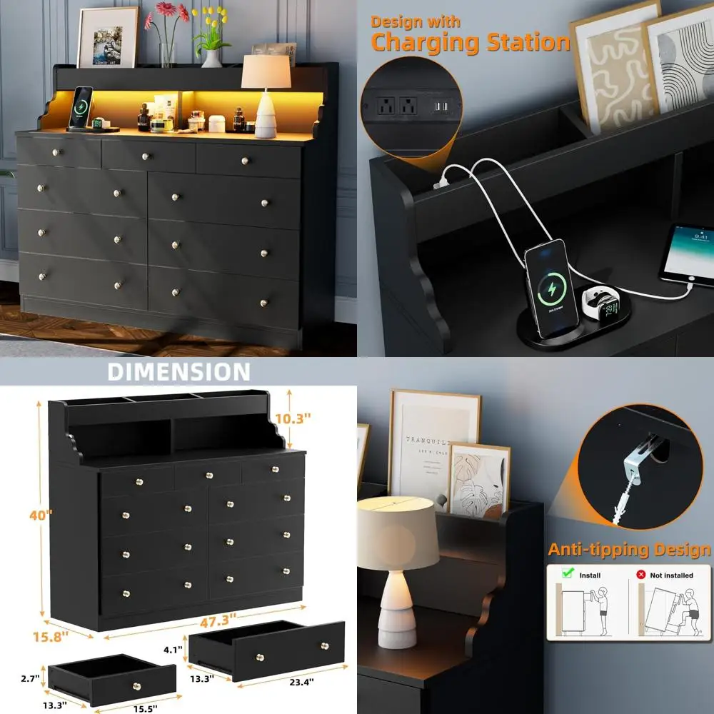 LED-beleuchtete Ladestation aus schwarzem Holz mit 9 Schubladen für Schlafzimmer und Sicherheit im Eingangsbereich