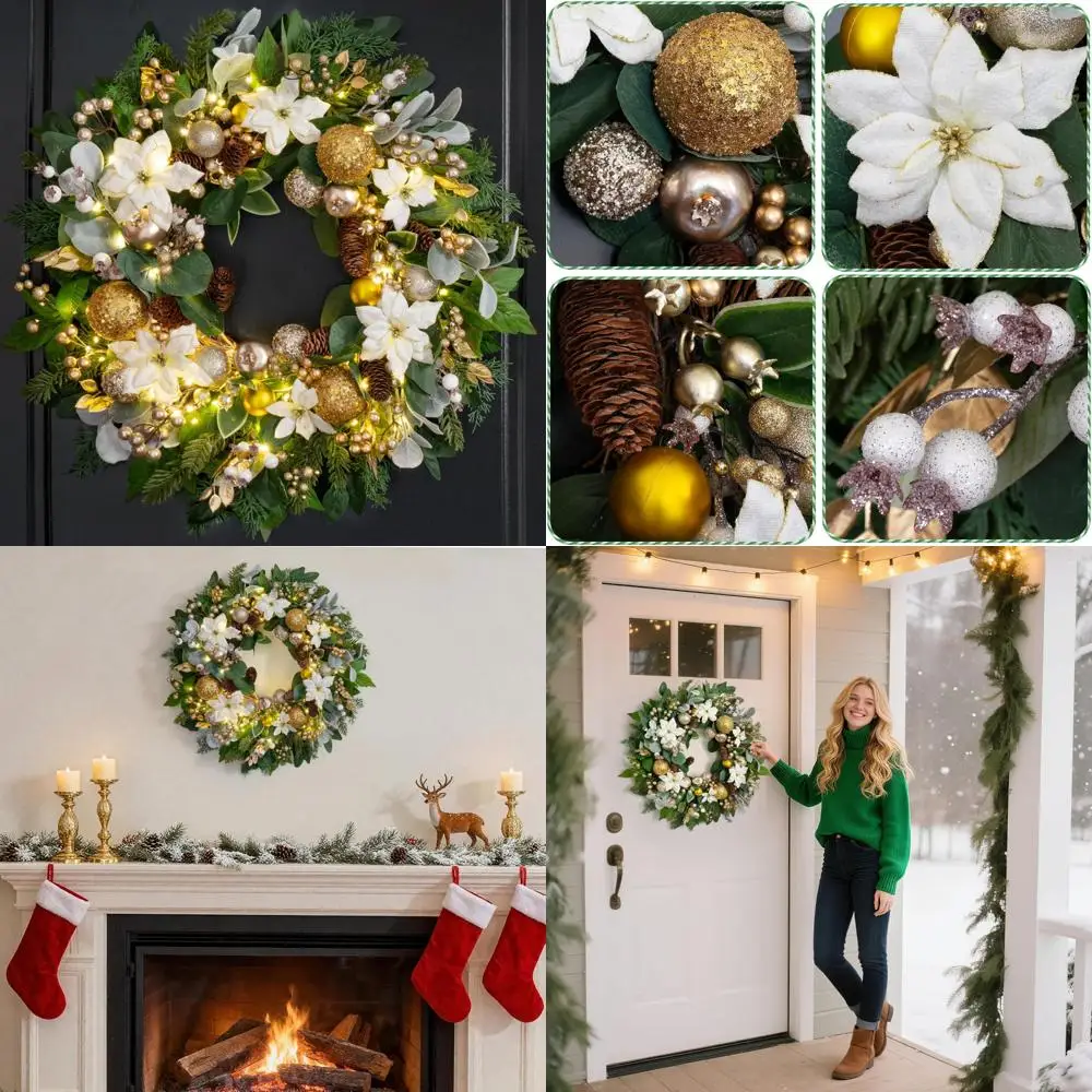 

Предварительный 24-дюймовый рождественский венок с белыми цветами и золотыми украшениями для входной двери