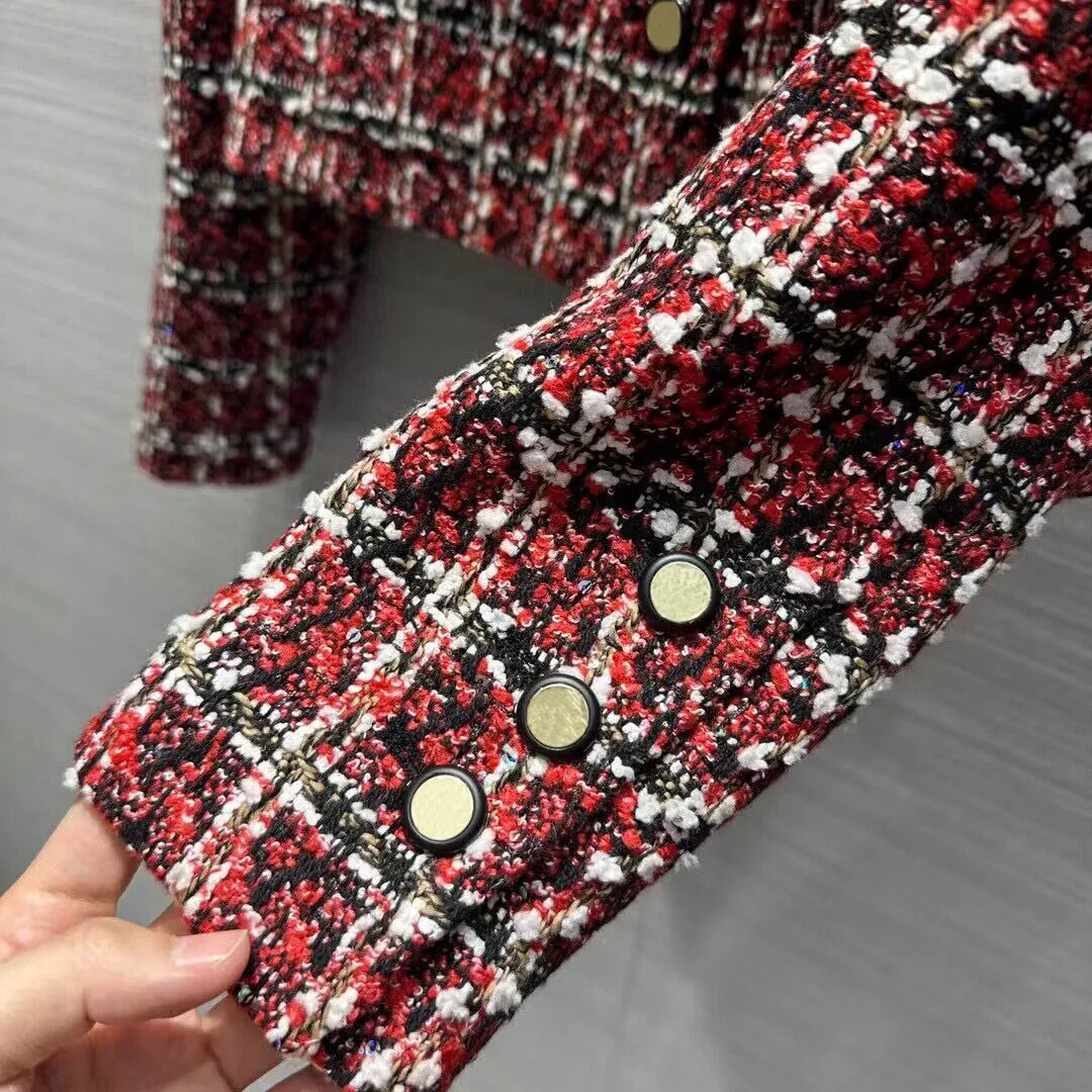 2024 New Fashion Patchwork Turn-down Collar Red Plaid Long Sleeve Vintage Tweed Coat Women Single Breasted Pockets Sweet Jacket