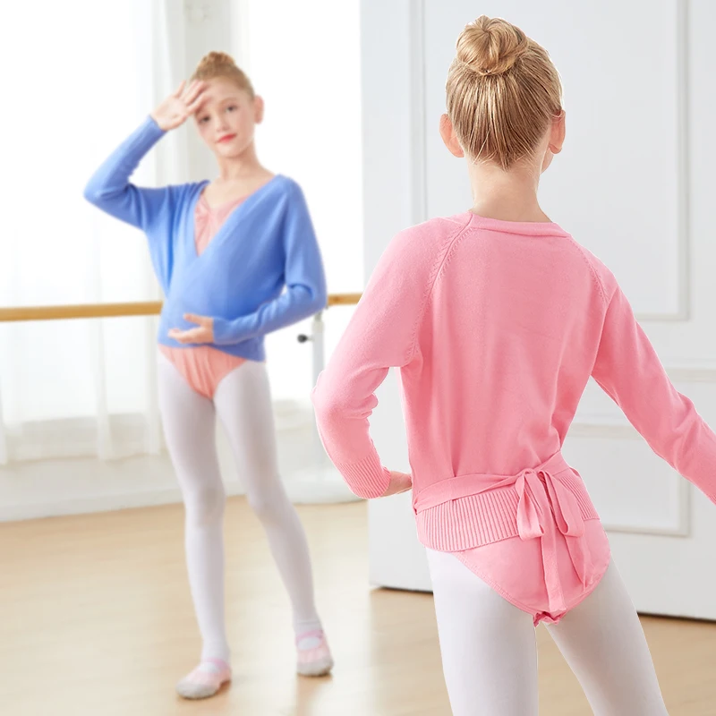 Suéter de manga larga con cinturón de cintura para niños y niñas, Tops cruzados, envoltura de baile de Ballet, cálido, nuevo, invierno, otoño