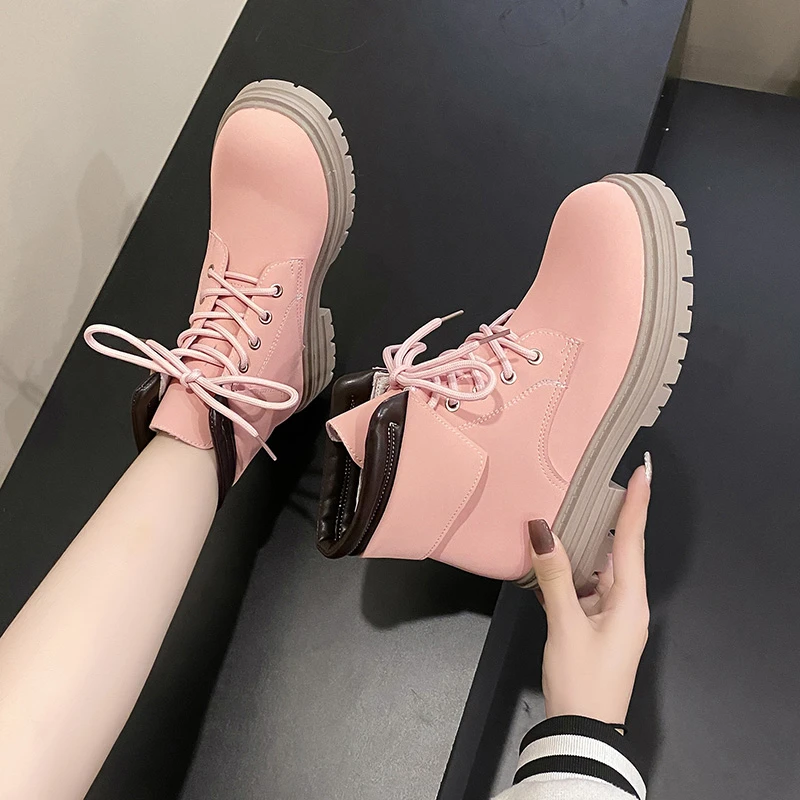 Shoes for Women 2023 High Quality Winter Women's Boots Solid Color Round Toe Lace Up Platform Water Proof Zapatillas De Mujer