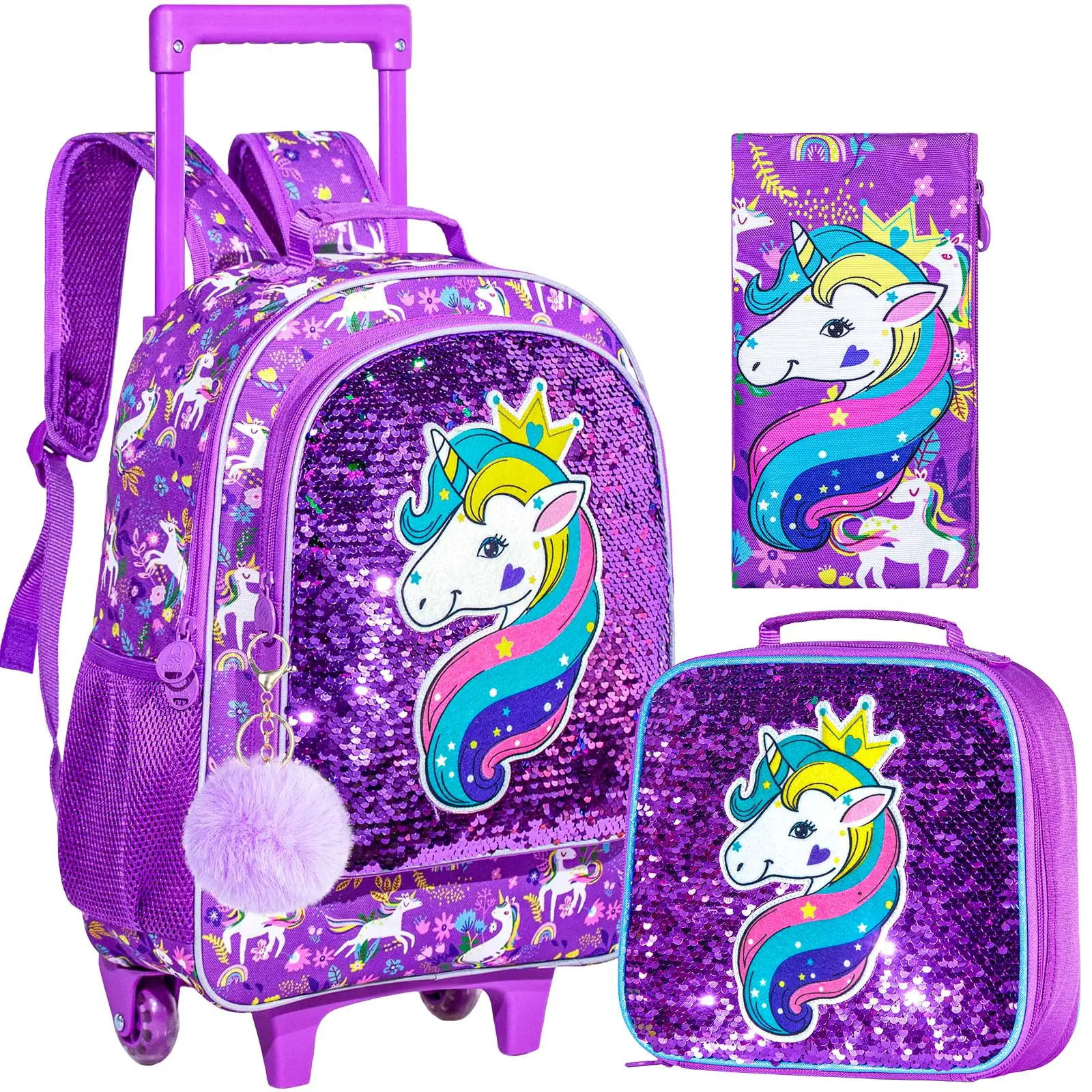 3-Piece Rolling Backpack for Girls and Children Roller Bag with Lunch Bag and Pen Bag Design of Unicorn Pattern Luminous Functio