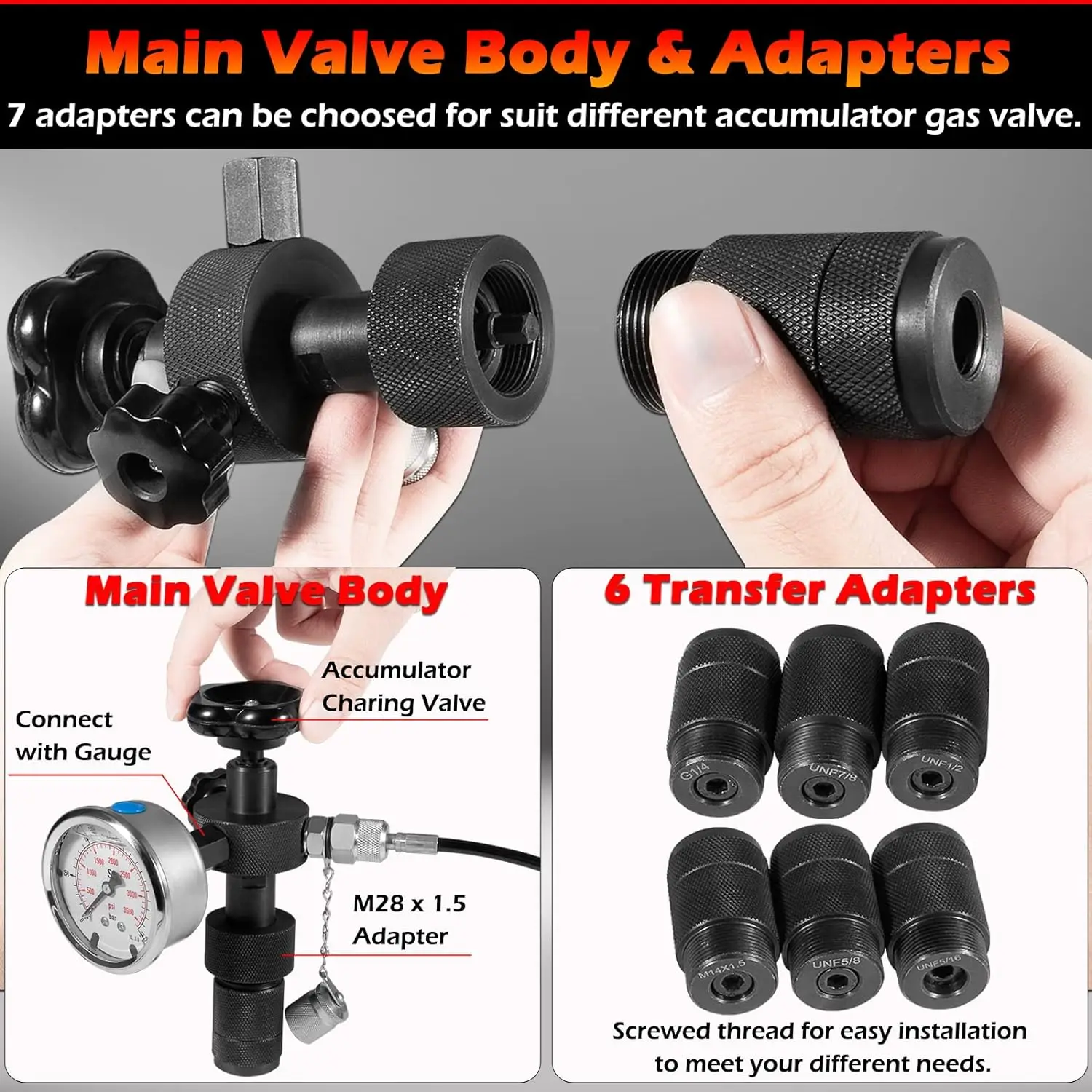 TM GK-01 Hydraulic Nitrogen Accumulator Nitrogen Pressure Test Kit Gas Charging Tools with 3 Gauges 7 Type Adapters