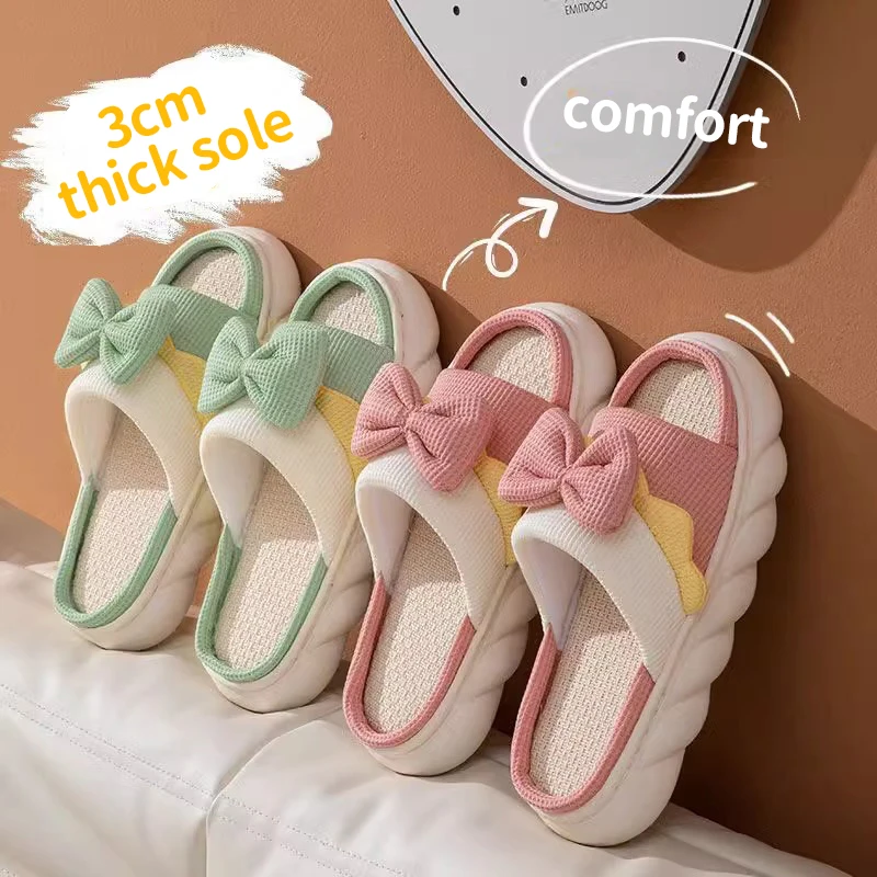 Chinelos de linho antiderrapantes internos para mulheres, sapatos de algodão domésticos, chinelo liso bonito bowknot, slides de casais, primavera, verão