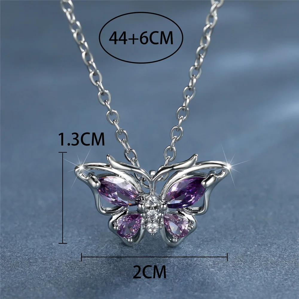 أنثى الأرجواني كريستال الأبيض الزركون حجر عقد بحلية متدلية على شكل فراشة قلادة خمر فضي اللون مجوهرات الزفاف للنساء