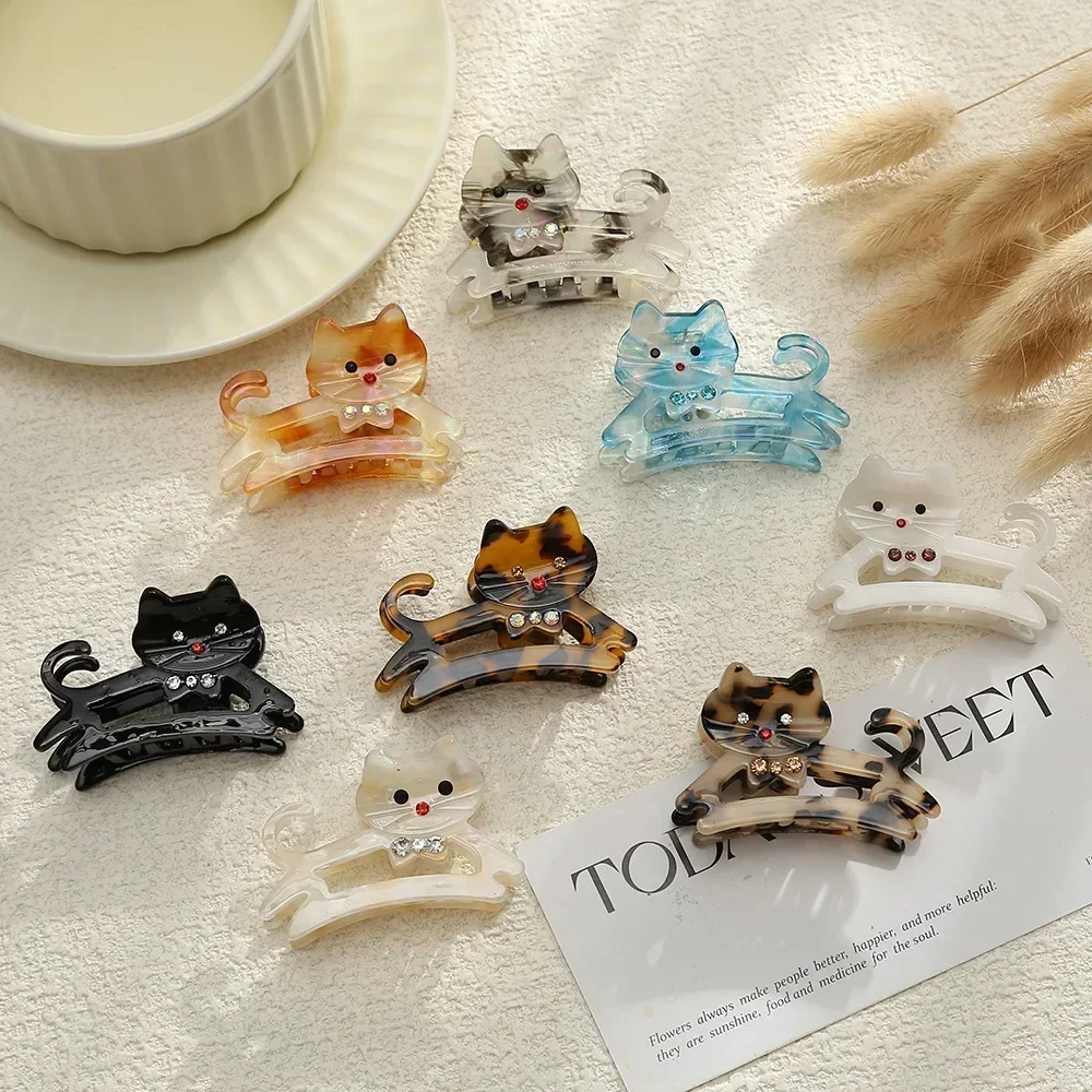 

New Cute Rhinestones Cat Hair Claw Acetate Cartoon Animal Kitten Crab Hair Clips Colorful Kawaii Hair Accessories for Woman Girl