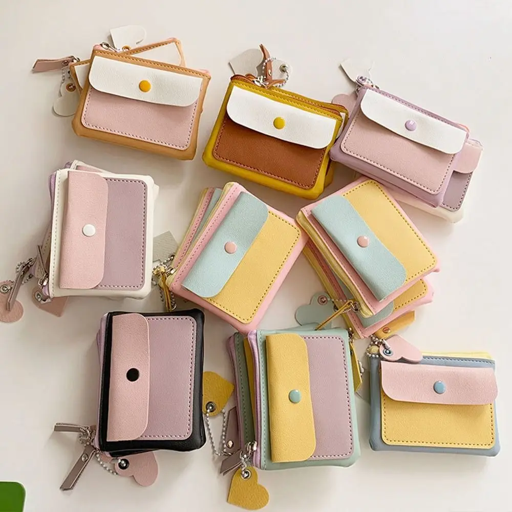 Retro Macaron Color Hanging Neck Wallet Keychains PU Leather Card Holder Card Bag Korean Style Zipper Coin Purse Men