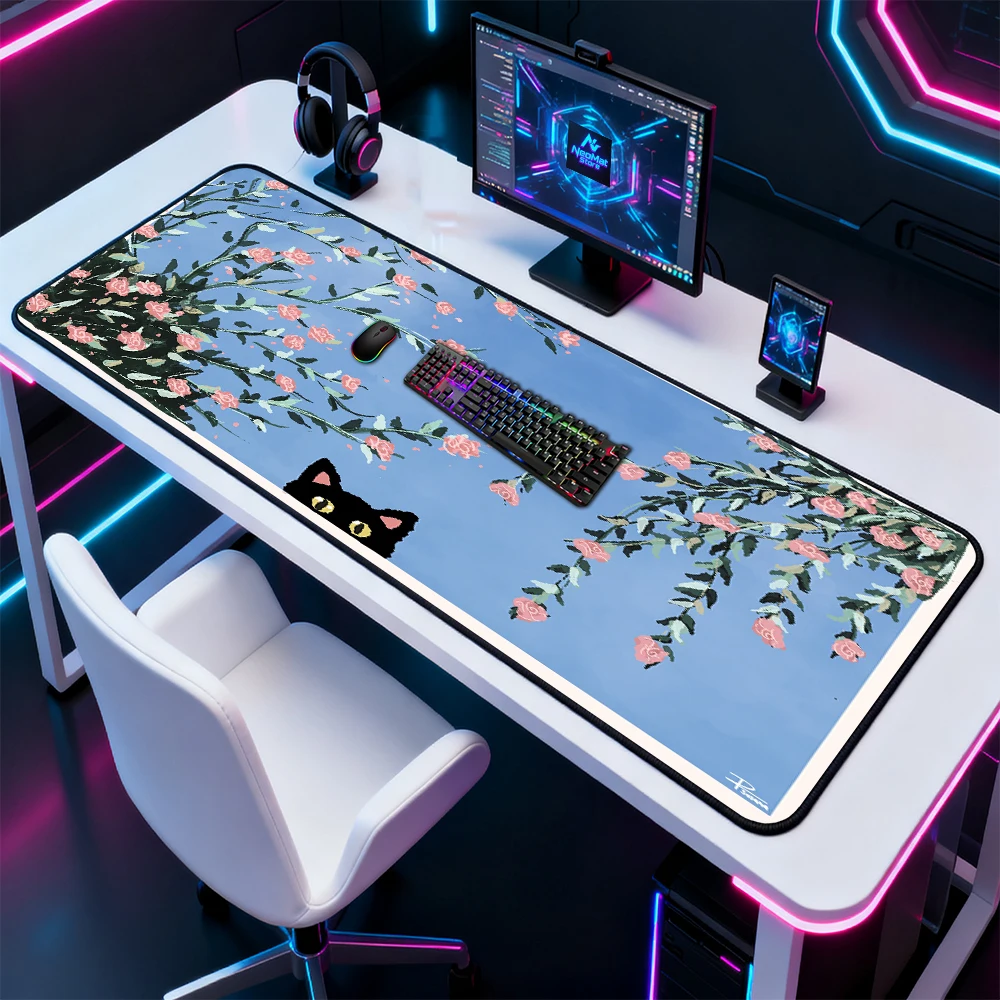 Floral Mouse Pad Cat XXL Mousemat Deskmat 120x60 Gaming Pink Roses Black Eyes Pc Accessories Pad Stable Washable