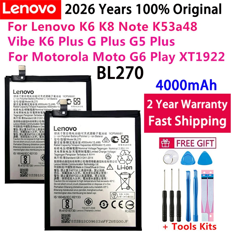 Batería BL270 de 4000mAh 100% Original para Lenovo K6, K8 Note, K53a48, Vibe K6 Plus, G Plus, G5 Plus, G6 Play, XT1922 (2026)