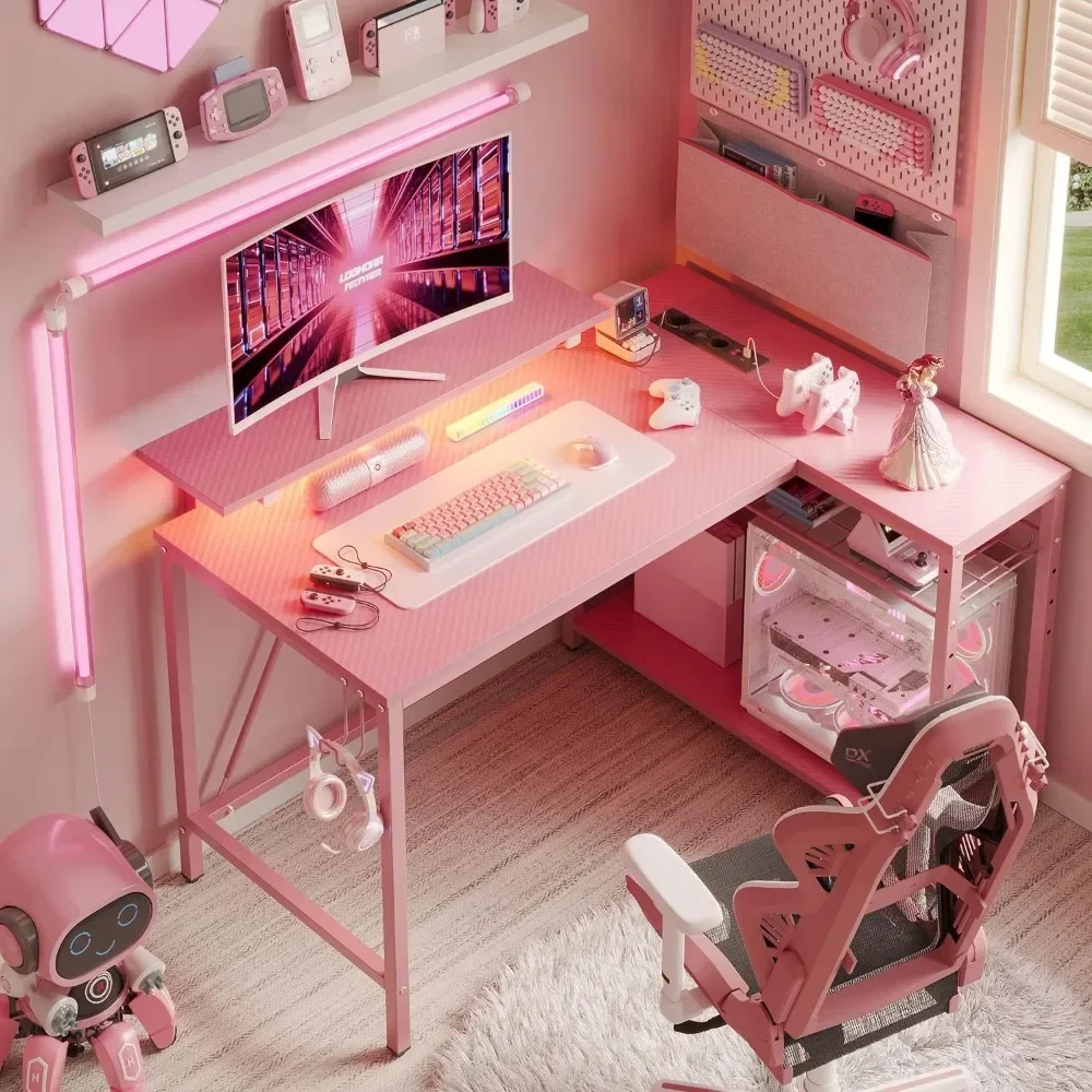 Hot Sales Gaming Desk With Power Outlets,42 LED Small Corner Computer Desk Reversible Storage,L Shaped Desk With Desk,Pink Carbo