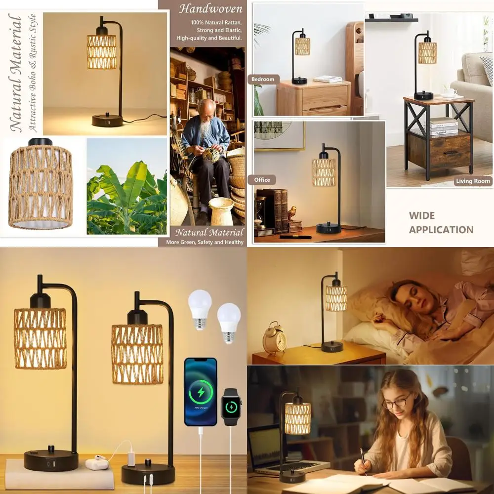 

Пара настольных ламп из ротанга для гостиных, прикроватных светильников в стиле бохо со светодиодной подсветкой и поддержкой USB, тканый абажур в стиле фермерского дома, черная настольная лампа