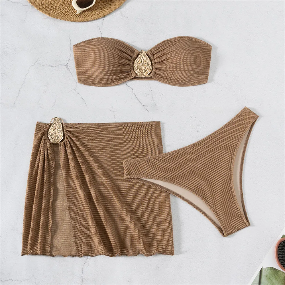 

Brown Solid Swimwears Strapless Bandeau Bikinis Sets 3 Pieces Cover Up Sexy Swimsuit Woman 2025 Metal Buckled Bikini Beachwear