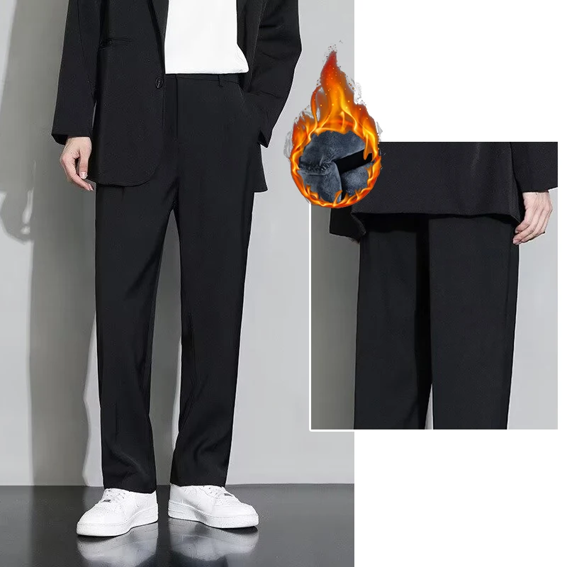 

Men Basic Black Thicken Thermal Suit Pants Male Winter Plush Ankle Length Cropped Trousers Youth Popular Draping Blazer Pants