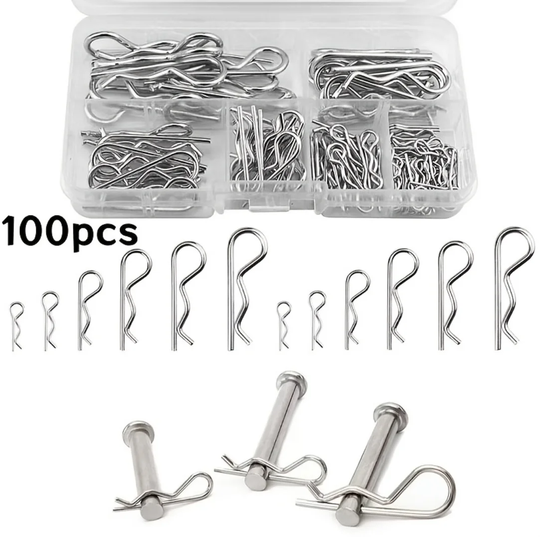 

100pcs Heavy-Duty R-Shaped Pin Set 5 Mixed Sizes Elastic Locking Plugs for Tractors Lawn Mowers Trucks Trailers Vehicle Repair P