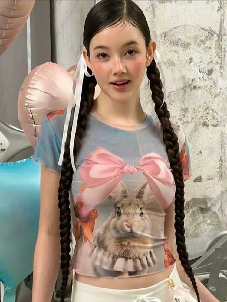 

Bow Tie Rabbit Graphic T Shirts O-neck Crop Top Women Y2k Clothes Short Sleeve Ropa De Mujer See Through Camisetas Streetwear