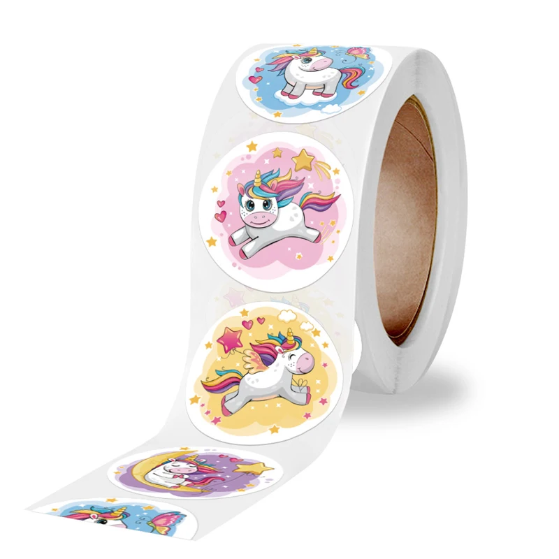 Round Cartoon Unicorn Adesivos para Crianças, Recompensa Do Professor, Incentivar Etiqueta, Papelaria De Escritório, Brinquedos Para Crianças, 100-500Pcs, 1"