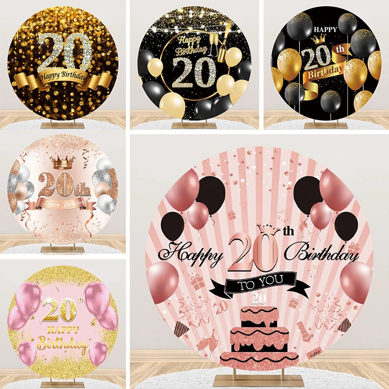 20th Anniversary Round Backdrop Cover Happy Birthday Decoration Women Men 20 Years Old Party Circle Photo Background Cloth