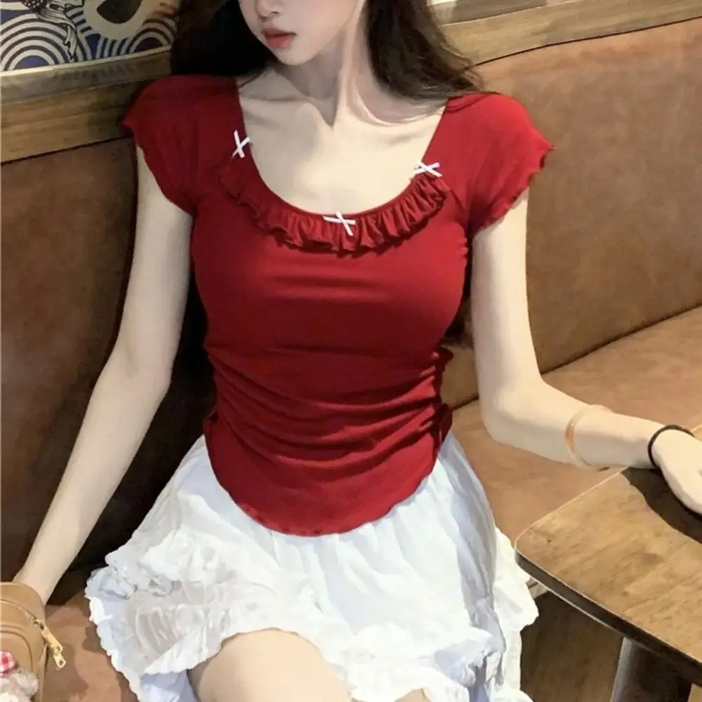 

Футболка с короткими рукавами и бантом с рюшами по краям, шикарные футболки с милым бантом, уличная одежда, пуловер, футболка с подушечками на груди для девочек