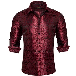 Red Paisley Long Sleeve Men Shirt  Silk Jacquard Wedding Solid Luxury Social Turn Down Collar Dress Shirts with Collar Pin