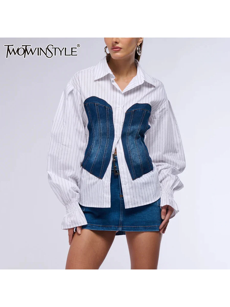 

TWOTWINSTYLE Colorblock Spliced Denim Blouses For Women Lapel Long Sleeve Patchwork Single Breasted Blouse Female Fashion New