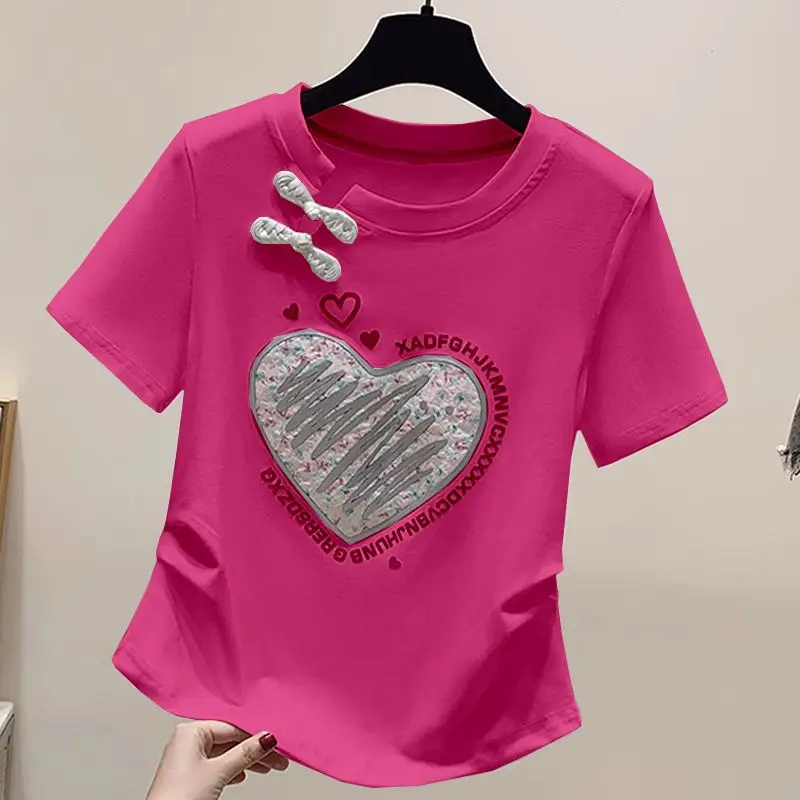 

T-shirt women's summer 2024 new buckle love short sleeve fashion Joker loose waist cover meat slim short top.