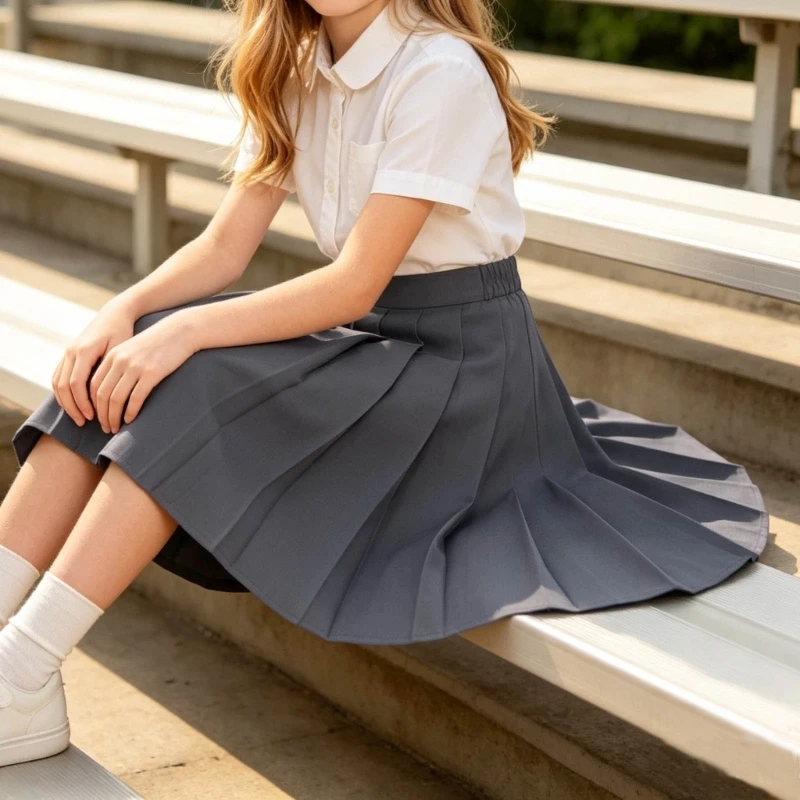 Girl's Casual A- line Waist Knee-length Pleated School Uniform Skirt A2UB