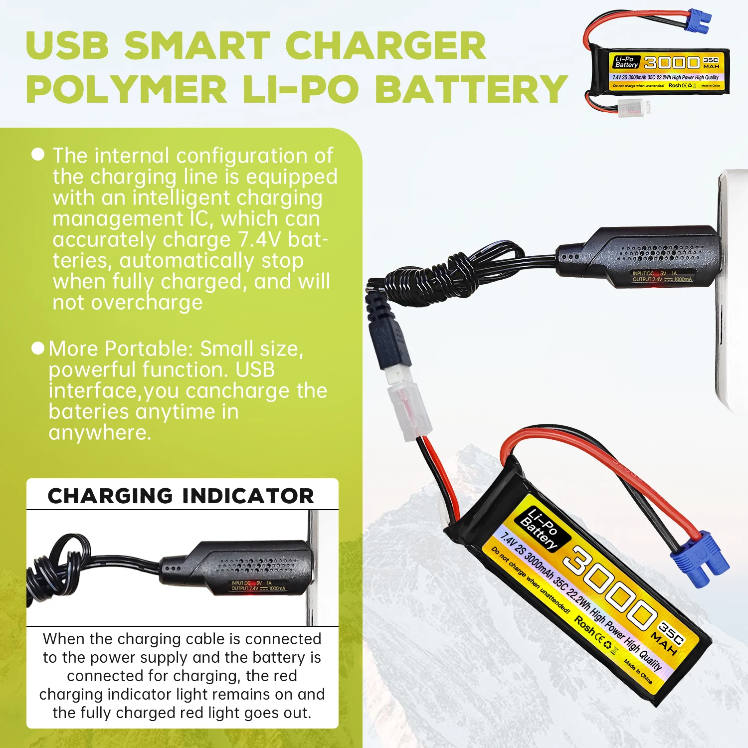 Bateria lipo 2s 7.4v 3000mah 35c com cabo de carregamento usb para carro rc, caminhão, navio rc, quadricóptero aeronave rc fpv drone bateria