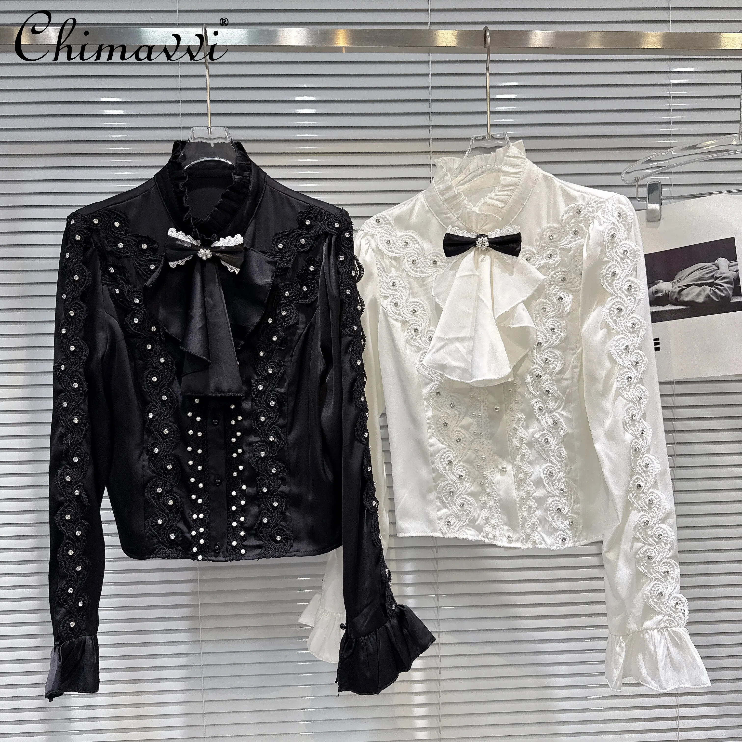

Korean Style Elegant Ruffled Flared Long Sleeve Single-Breasted Lace Embroidery Diamond Versatile Shirts Tops Women Spring 2026