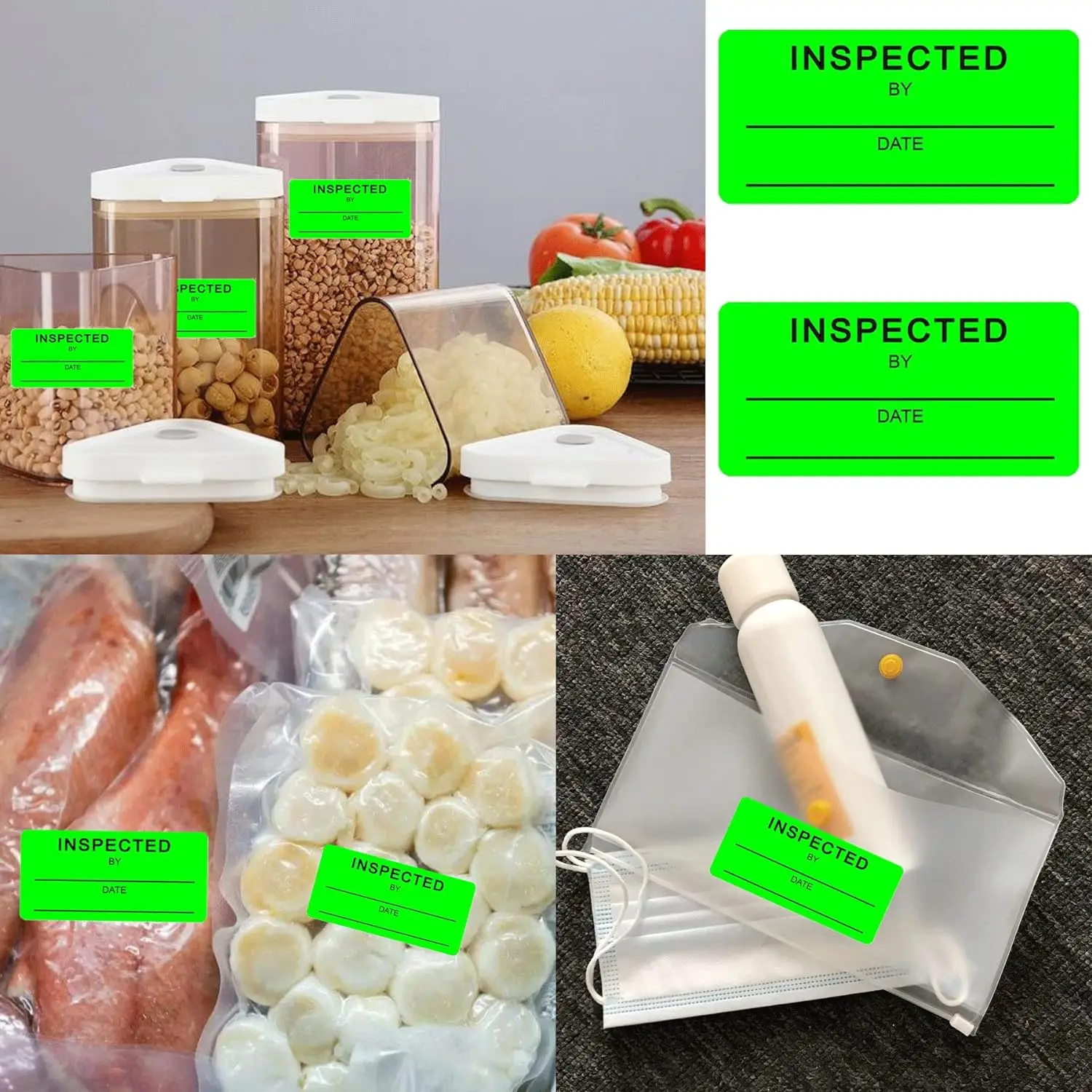 500 PCS 1 * 2 inch "Inspected by" Rectangle Labels Quality Control Inventory Labels Green labels Fluorescent Square Stickers