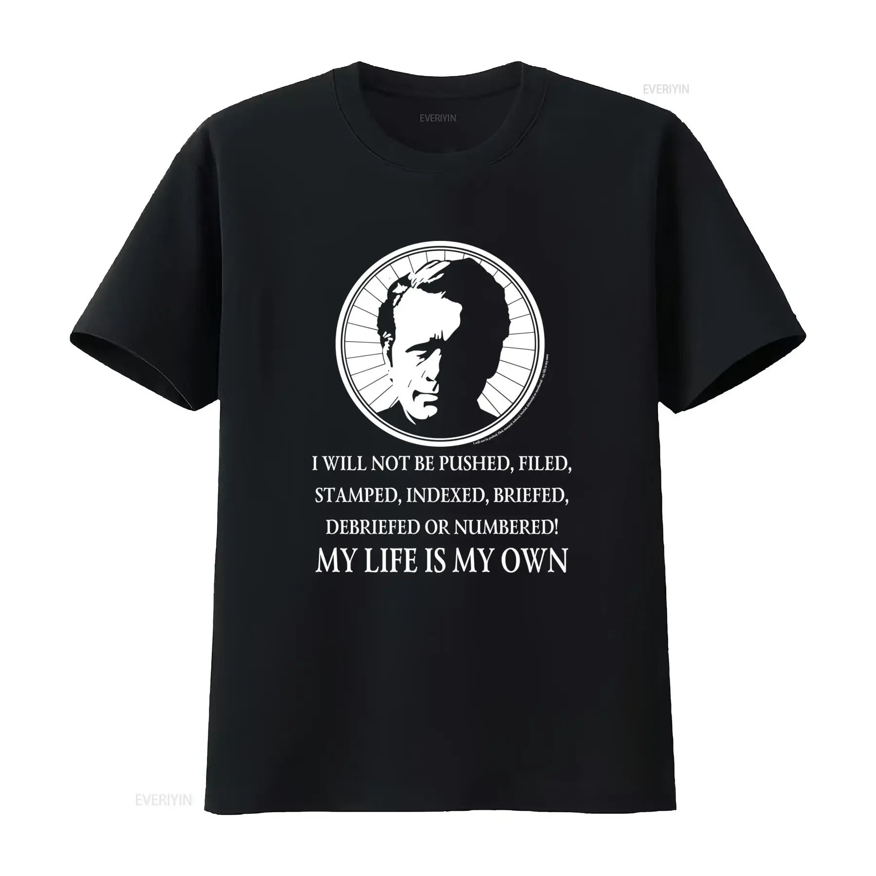 The Prisoner Patrick McGoohan Double Sided Black T Shirt TV Promo 1967 with Bold Statement Print vintage Washed Stylish homme