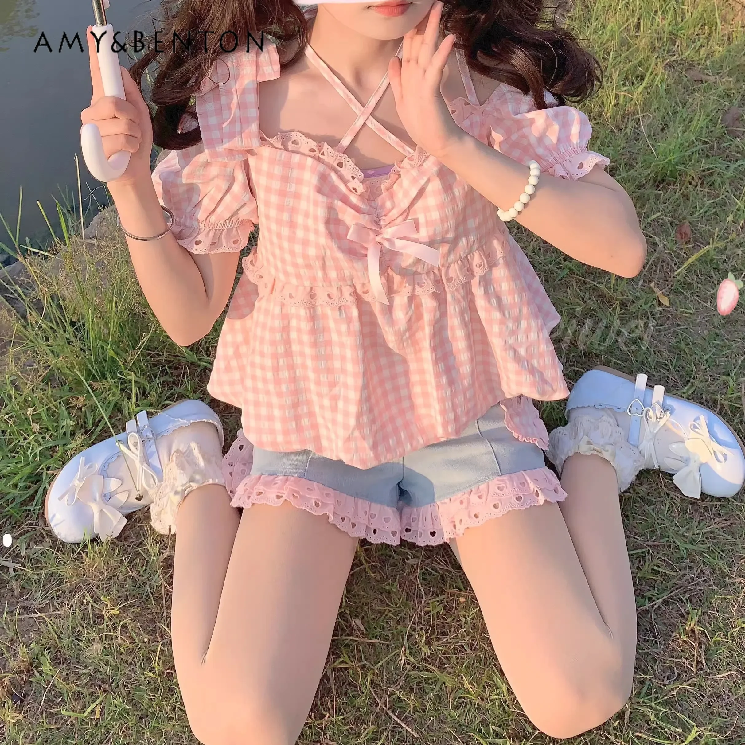 Summer New Sweet Cute Bow Bubble Sleeve Shorts Plaid Top Women Kawaii Lace Splicing Off-shoulder Loose Tops Preppy Style Y2K Top