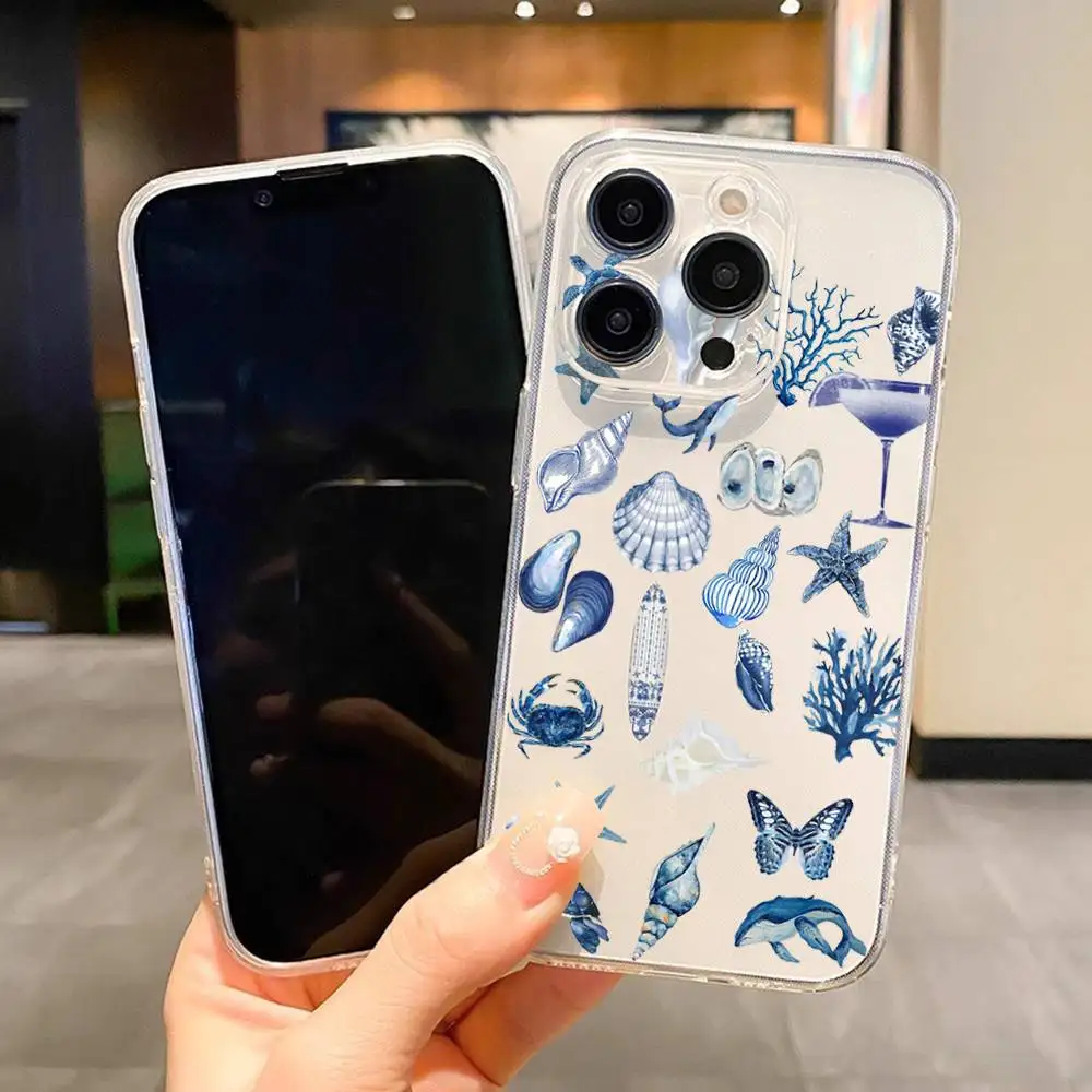 1pc Ocean Life Phone Case Transparent For IPhone 17 16 15 14 13 12 11 PRO MAX PLUS Mini Soft Skin-friendly Cover
