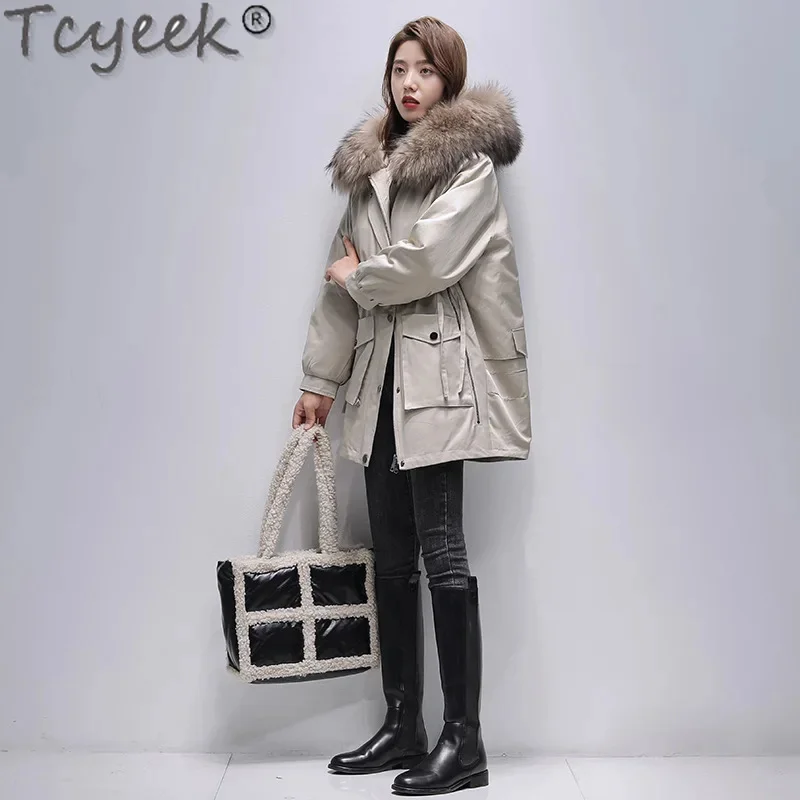 Tcyeek-Parka mi-longue pour femme avec col en fourrure de raton laveur, veste coréenne amovible, doublure de lapin Rex, vêtements chauds pour l'hiver, 23