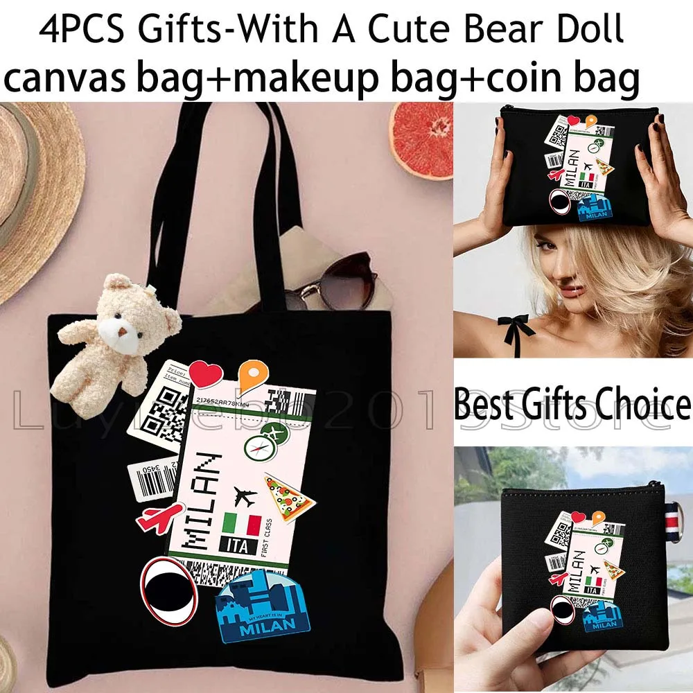 4PCS Black Paris Moscow Dubai Milan New York Tokyo Canvas Tote Bag Handbag,Cosmetic Makeup Bag,Coin Bag Purse Card Wallet Pouch