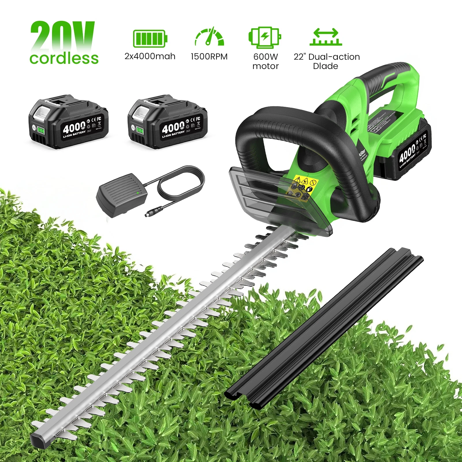 TaskStar Cordless Hedge Trimmer 20V Handheld Garden Bush Trimming Tool SK5 Dual Action Blade Electric Shrub Trimmer for Makita 18V Battery(with 2 4000mAh Batteries)