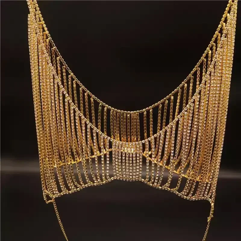 Modny łańcuszek na ciało z frędzlami i cyrkoniami, seksowny łańcuszek na bikini damskie, biustonosz klubowy, stringi, krótka spódniczka, łańcuszek jako dodatek.