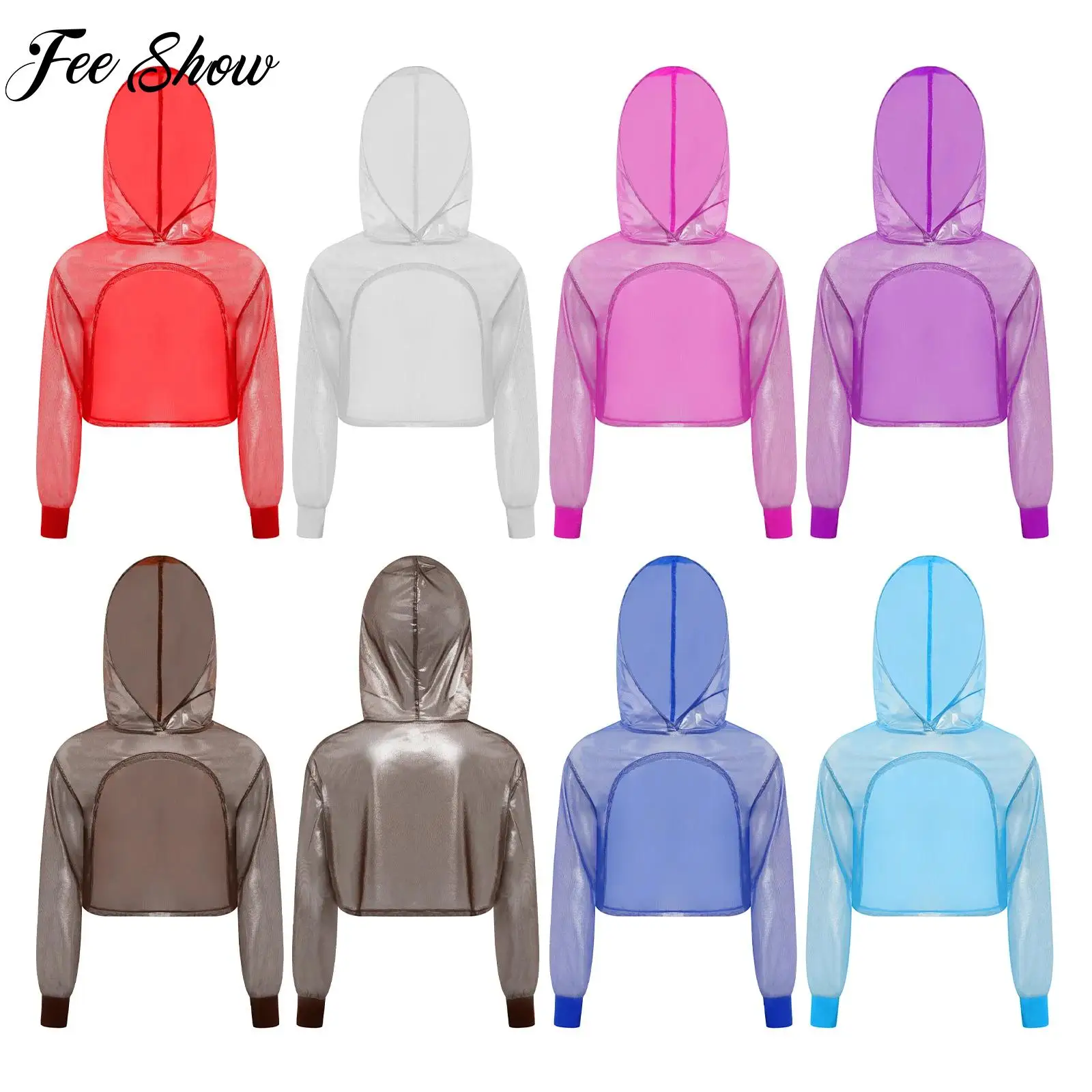 

Girls Hip-Hop Jazz Dance Costume See-Through Metallic Mesh Hooded Crop Top Long Sleeve Hoodie Kids Stylish Performance Clothing