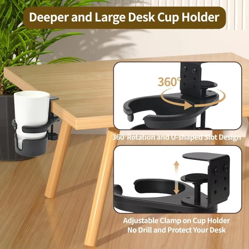 360° Rotating Desk Cup Holder Clamp Anti-Spill Clip on Table Cup Holder Rotatable Water Bottle Stand Drink Coffee Mug Storage