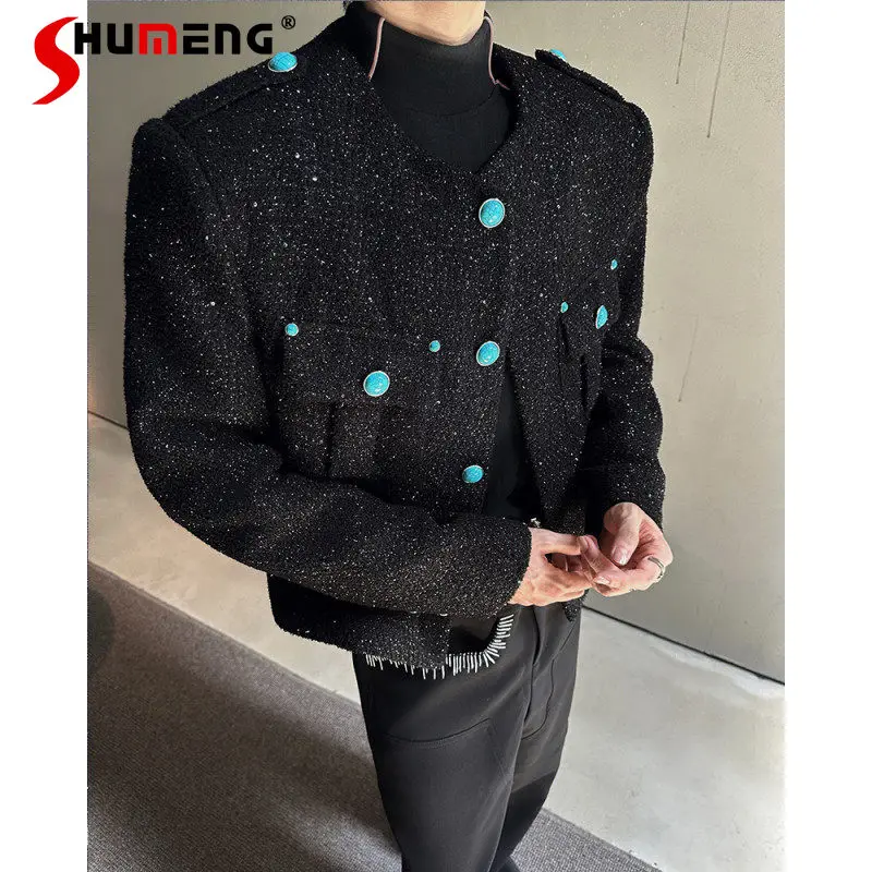 

2025 Autumn Winter New Men's Bright Silk Turquoise Starry Sky Tweed Coats Male Small Fragrant Long Sleeve Jackets Trendy Jackets