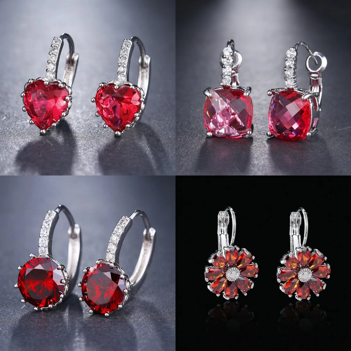 JMK Fashion Ruby Red Stone Cubic Zircon Silver Plated Stud Earrings For Women Bridal Wedding Jewelry Party Accessories Gift