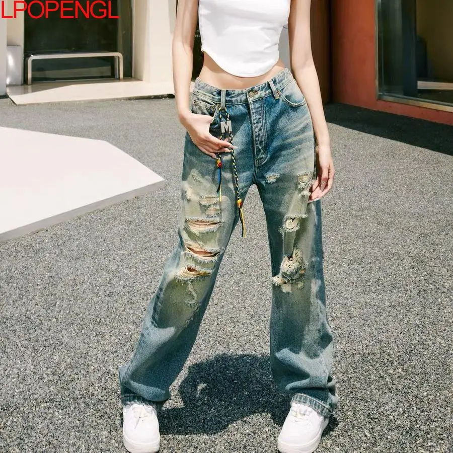 

Woman Spring And Summer High Street Jeans New Straight Fashion Ripped Retro Loose Wide-leg Pants Personality Button Trousers