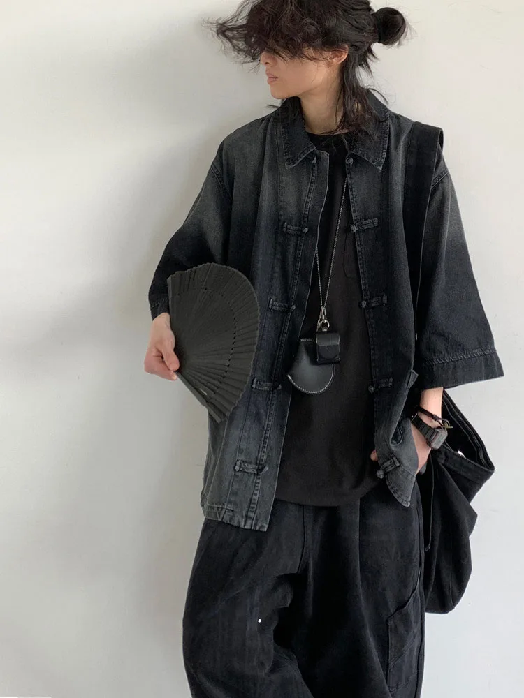 Spring Summer Chinese Style Denim Shirt For Men Casual Fashion Loose Retro Washed Black Lapel Large Pocket Short Sleeved Jackets