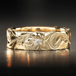 Huitan Aesthetic Flower Floral Pattern Rings for Women Carved Luxury Gold Color Wedding Band Accessories Gifts Statement Jewelry