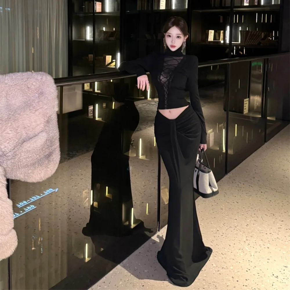 

Elegant Sexy Pure Desire Mesh Splice Long Sleeve Base Shirt High Waist Twist Tail Fish Tail Half Skirt Set Women's Fashion