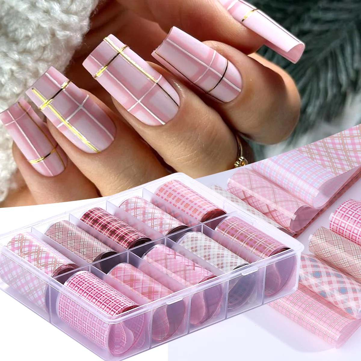 10 rollos/caja de láminas de transferencia de uñas con diseño de cuadros rosas, enrejado de rayas de guinga, papel de cielo estrellado, envolturas deslizantes de tablero de ajedrez de San Valentín