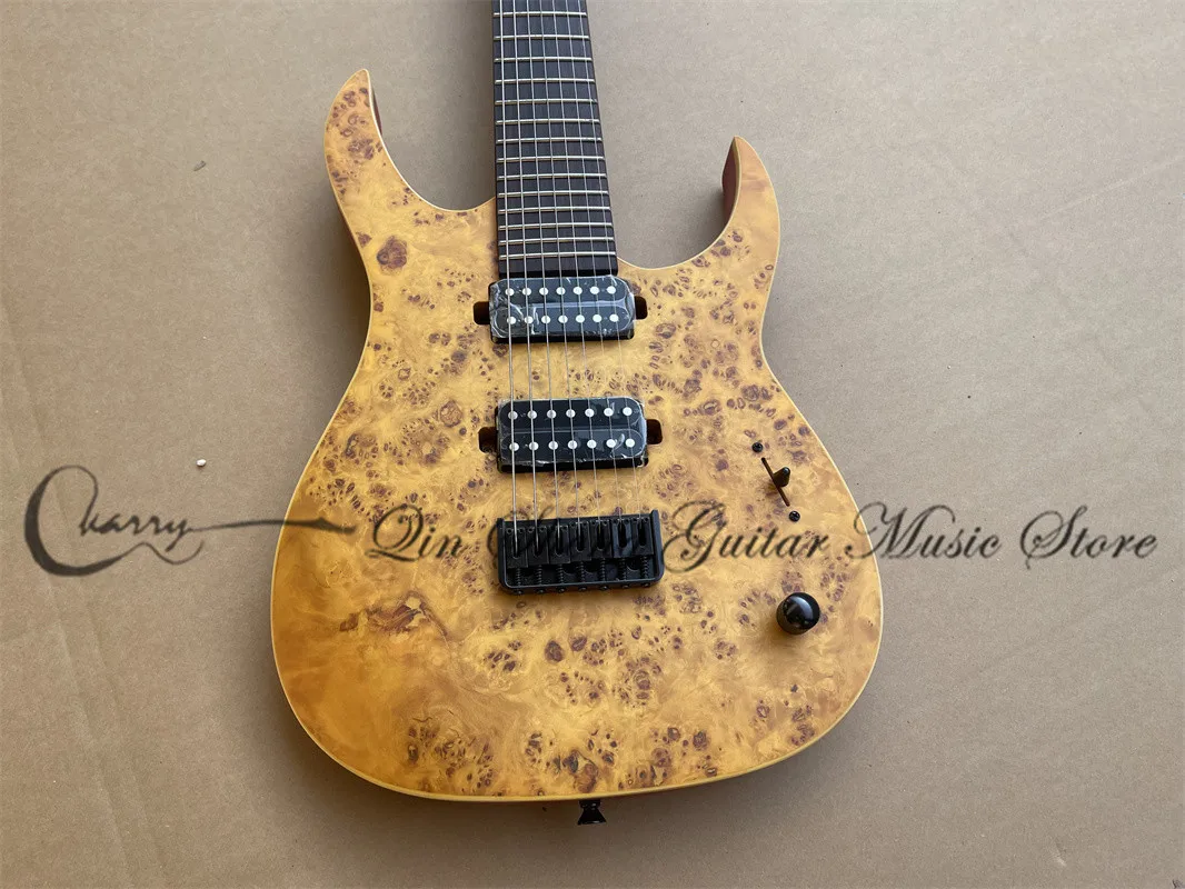 7 Strings Yellow Electric Guitar Brown Red Body Burl Maple Top Rosewood Fingerboard 24 Frets Locked Tuners factory custom