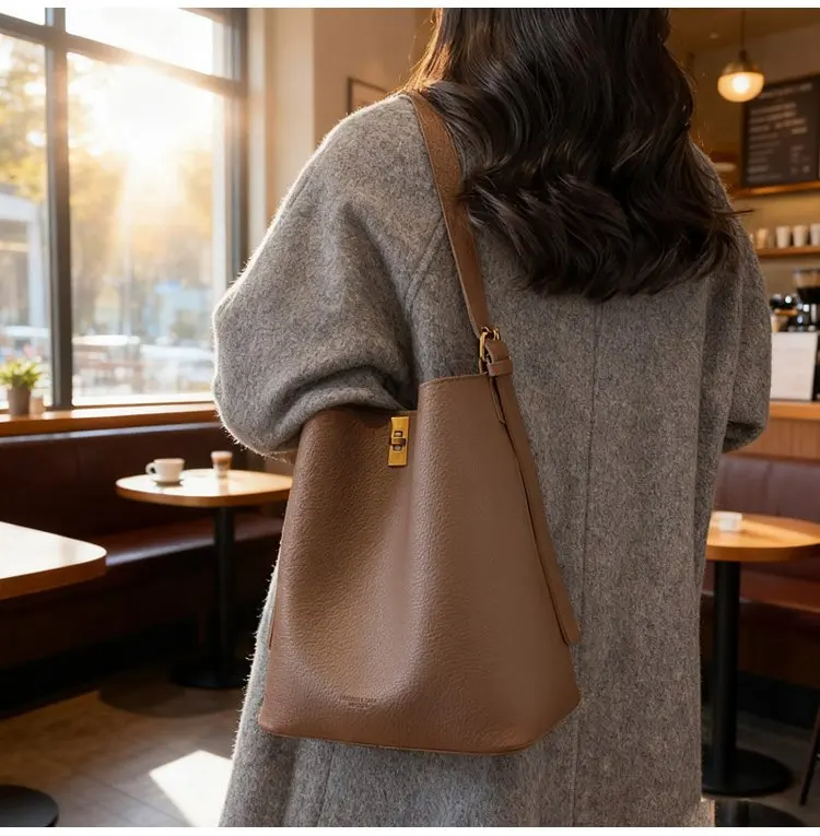 Minimalistische Kamelbraune Kunstleder-Bucket-Bag, genarbte Textur mit Schlossakzent, vielseitige Alltagstasche für Arbeit & Ausflüge – Detail 13