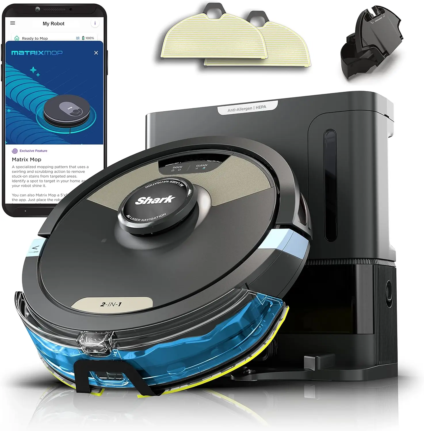 Shark Robot Vacuum & Mop Combo, Powerful Suction, Matrix Plus, 60-Day Debris Capacity, HEPA Bagless Self Empty Base